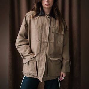 NWT Mijeong Park Contrast Collar Work Jacket in Dark Beige and Black in Size S